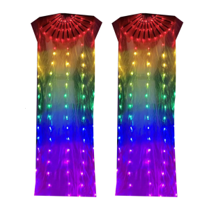 LED Light Up Belly Dance Fan Operated Illuminating Rainbow Long Folding Fan Veil for Festivals and Parties