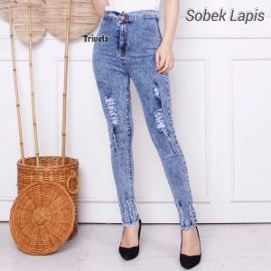 Highwaist Jeans Sobek Lapis Ghinza / Hw Jeans Ripped Ginza Stretch / Celana Pensil Wanita Sobek Snow