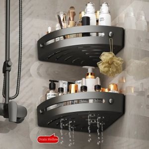 Elegant Matte Black Aluminum Triangle Corner Shelf with Hooks and Adjustable Height Wall-Mounted Bathroom Storage Rack