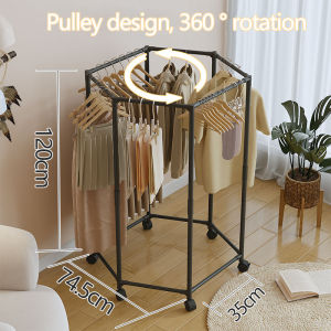 Rotating Clothes Rack With Wheels Bedroom Clothes Rack Stand Metal Hanging Rack Living Room Cloak Holder Room Drying Shelf Removable Towel Rack Standing Circular Clothes Hanger Floor Drying Rack