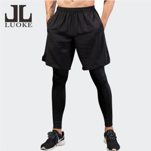 Luoke Mens Tight Pants Fake Two-piece Fitness Running Training Casual Elastic Quick Drying Pants