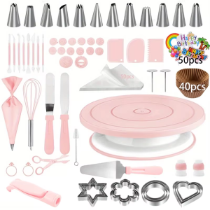 Pink Green cake decorating set with 50 pieces including piping bags tips spatulas whisks scissors cookie cutters and 40 cupcake liners.