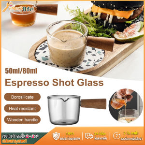 ส่งจากไทย🚀 50ml/80ml/150ml แก้วตวง แก้วตวงชงกาแฟ แก้วชงกาแฟ Espresso Shot ด้ามจับไม้ แก้วตวงสองปาก แก้วกาแฟ Coffee Cup Ounce Cup With Scale