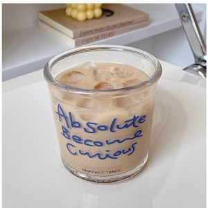 แก้วน้ำ แก้วพิมพ์ลายตัวอักษร สำหรับใส่เครื่องดื่ม ชา กาแฟ ถ้วยน้ำผลไม้ สีน้ำเงิน/ดำ แก้วสไตล์มินิมอล