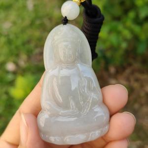 Semi Icy Natural Type A Jadeite Pendant carved as Guanyin with certificate weighs 23.87 grams 60.3 * 37.1 * 6.2 mm represents Compassion wisdom and peace suitable for daily wear (pendant83)