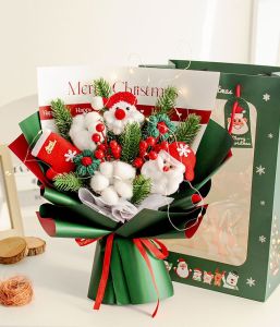 SG Stock Handmade Christmas Flower Bouquet Wool Knitted Pine Branch Holly Rose Santa Clause Christmas Gift set