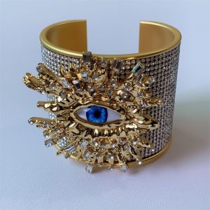 NOVELLEO Metal Exaggerated Wide Open Bangle Alloy Full Rhinestone Geometric Cuff Bangles Temperament Gold Demons Eye Bracelets Jewelry Accessories