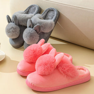 Comwarm Womens Warm Fuzzy Slippers Long Ears Couple Winter Thickened Plush Slippers Indoor Comfort Fluffy Slippers Cotton Shoes