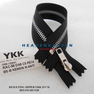 Resleting Zipper Ritsleting YKK 25 cm Atau 10 inch Hitam Silver Type Gigi Besi Model Set Close-End Harga Per Biji