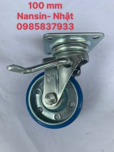 Bánh xe chịu xoay khóa 100mm Nansin -Nhật chất liệu PU dùng lắp xe đẩy hàng di chuyển nhẹ nhàng tại Máy NTT