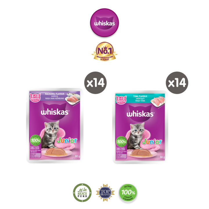 WHISKAS Junior Makanan Basah Kitten Kemasan Pouch (14Pack), 80g