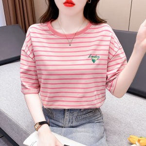 Ammin 2024 mùa hè ngắn tay thường ngày mới thêu chữ cotton đơn giản Áo Thun Nữ phiên bản Hàn Quốc màu tương phản cổ tròn sọc tình yêu thêu áo thun áo blouse thanh lịch