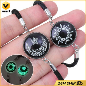 2 /Set Sun & Moon Lovers Bracelet Luminous Couple Hand Strap Valentines day Gift Jewelry Accessories Adjustable Stainless Steel Time Gem Woven Hand Couple Bracelets for Men and Women Lovers Glow Sun Moon Handmade Rope Charm Friendship Girlfriend Party