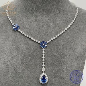 WUIHA Pear Cut Lab Sapphire High Carbon Diamonds Gemstone Flower Necklaces Anniversary Cocktail 925 Sterling Silver Fine Jewelry
