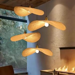 SXH Bamboo Woven Pendant Light New Chinese Style Tea Room Zen Southeast Asian Japanese Style Lamp Creative Personality Straw Hat Lamp Staircase Bamboo Art Lamp