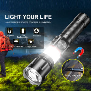 [Ready Stock] LED Flashlight Super Bright USB Rechargeable Magnetic Base Waterproof Handheld Tactical Torch 4 Modes Zoomable Electric Torch