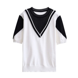 LUCKIN STORE ผู้หญิงเสื้อลายขวางผู้หญิงน้ําแข็งผ้าไหม Retro แขนสั้นฤดูร้อนใหม่หลวมเสื้อสตรีคอกลมเสื้อฤดูร้อน