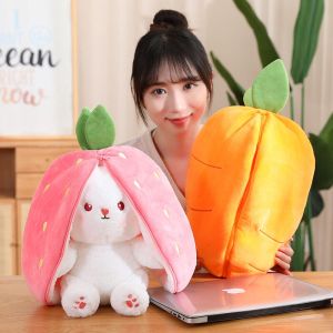 2in1 Strawberry Rabbit Plushie Cute Bunny Long Ear Fruit Animal Stuffed Doll Carrot Outfit Costume Stuffed Dolls Cosplay Plush Toys草莓兔娃娃兔子毛绒玩具动物毛绒抱枕