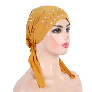 EASYEAH Solid Color Turban Hijab Cotton Gold Sequins Headscarf Hat  Soft Pull On Headwrap