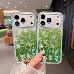 Green Bamboo Quicksand Women Case for iPhone 17 16 15 Pro Back Cover Glitter Moving Sand Dynamic Liquid Clear Hard Shell Coque