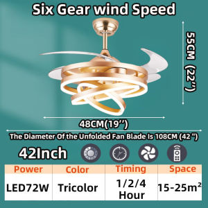 42 Inch Invisible Ceiling Fan Light LED Belt Remotes 3Color Dimming/6 Speed/Silent SuitableForChurch/Living Room/Sedroom