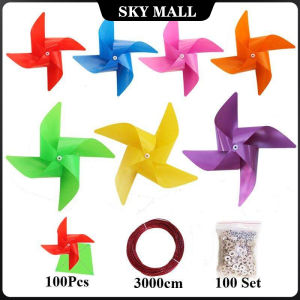 100pcs Plastic Pinwheels with 30m Wire Rope Fitting Windmill Toy for Yard Garden Rainbow Color