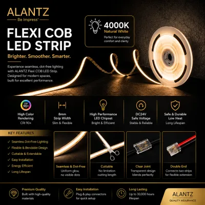 ALANTZ Flexi COB LED Strip Cut into precise length without any limitation 24v High lumen output COB Available in 10 METER Per Reel 3000K/4000K/6000K Singapore Brand Local Warranty 1 YEAR