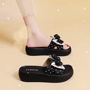 [Free Shipping] Sweet Bowknot Polka Dot Slippers For Women 2026 Summer New Style Thick-Soled Non-Slip Versatile For Pairing With Dresses Slip-On Sandals