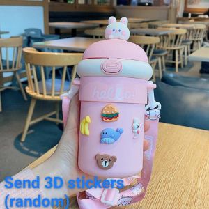 HTF 500ML Kids Water Bottle Children Straw Water Bottle Portable Straw Cup Girls Cute Drinking Bottle