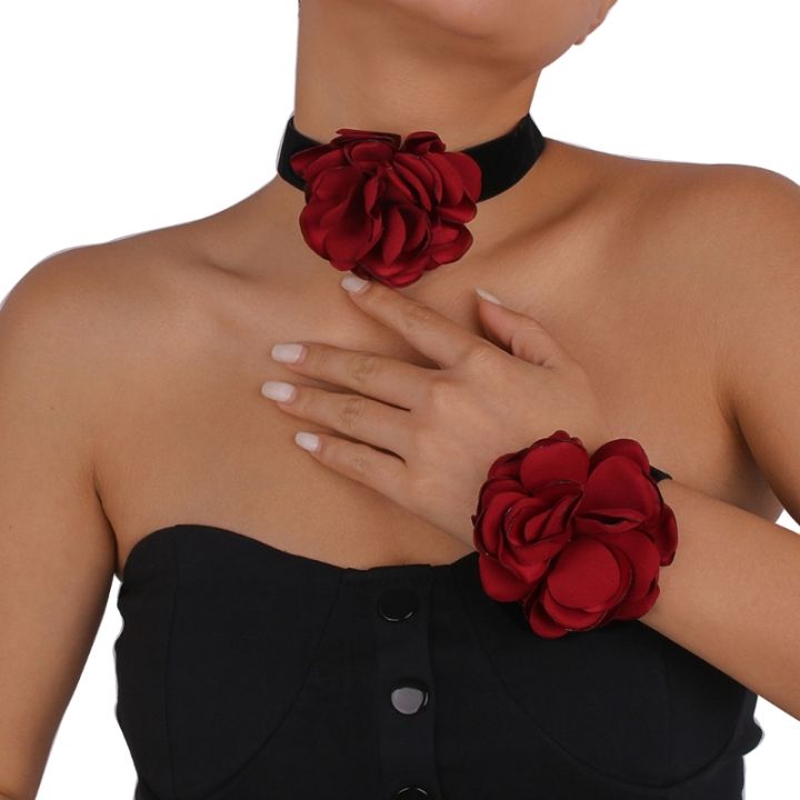 Romantic Temperament Big Rose Flower Choker Wide Soft Black Velvet