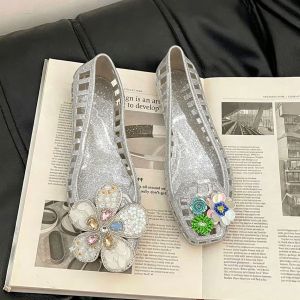 [Free Shipping] Elegant And Stylish Korean Jelly Shoes With Accessories Perforated Crystal Shoes For Women Flat Beach Shoes Versatile Summer Shallow Single Shoes For Women