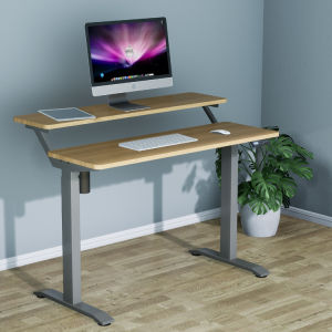 Stand Up Desk with Double Tabletops Electric Height Adjustable Desk Sit Stand Desk with Monitor Riser Electric Standing Table