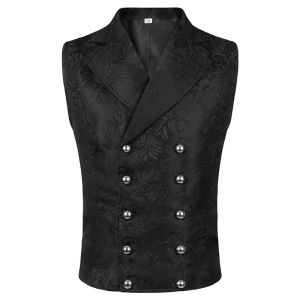 Blazer vest double breasted gothic punk men formal suits jacquard short waistcoat costume sleeveless coat lapel collar for