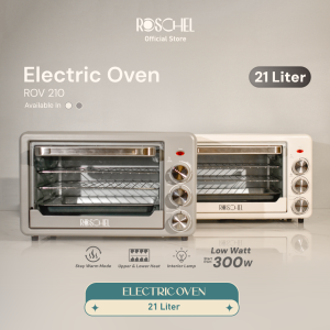Roschel Electric Oven Low Watt 2 x 300 W Atas Bawah Kapasitas 21 L Stay Warm Function Menghangatkan with Interior Lamp Hemat Listrik Pemanas Ganda Stainless Steel Pemanggang Kue Toaster Multifungsi ROV-210 / ROV 210 / ROV210 (Garansi 1 Tahun) Beige / Grey
