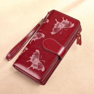 BANYANU Butterfly Printed Women Purse Travel Large Capacity Red Black Phone Clutch Bag Women Anti RFID Genuine Leather Long Wallet for Mother Birthday Gifts Business