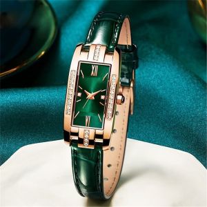 Women Rectangle Green Roma Dial Watches Luxury Rhinestone Ladies leather Strap Quartz Wrist Watch