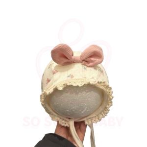 Sweet Lace Cherry Bow Baby Ear Protection Cap Soft Cotton Flower Red Infant Girl Lacing Caps Spring Autumn Newborn Hat