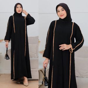 Gamis Airflow Crinkle Premium Hitam Pekat/Cherry/Putih/Garis Putih dengan Motif Polos Elegan Busui Dewasa untuk Lebaran