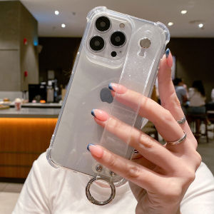 CrashStar Glitter Clear Shockproof Phone Case With Wristband For iPhone 16 15 14 13 12 11 Pro Max Mini XS XR X 7 8 Plus + SE 2020 Transparent Soft Silicone Phone Casing With Stand Holder Simple Phone Cover