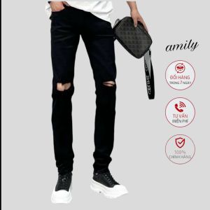 Quần Skinny Jeans Nam AMILY Màu Đen Rách Gối To Chất Liệu jean Cotton Co Giãn Ống Đứng Dáng Ôm Chân Chuẩn Skinny