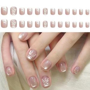 24 Pcs 3D Butterfly Full Cover False Nail Elegant Stick on Nail Cats Eye Press On Nail Glossy Artificial Nail