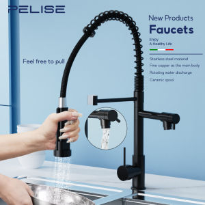 Pelise Kitchen Faucet Basin Sink Faucet Stainless Steel 3 Handles Mixing Faucet With Pull Out Sink Tap Spray Hose Hot Cold Water Mixer Brass Kitchen Water Tap KLE-001