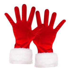 MUSASI Găng tay nhung Găng tay trang phục Giáng sinh Viền lông giả màu trắng Đỏ Nhung Găng tay biểu diễn Giáng sinh Ngón tay đầy đủ Găng tay Giáng sinh nữ Phụ Kiện Trang Phục Giáng Sinh