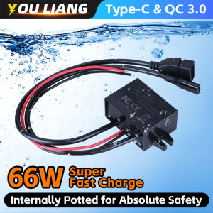 อะแดปเตอร์แปลงไฟฟ้าในรถยนต์ควบคุมแรงดันไฟฟ้าแบบคู่ USB C 12V/24V QC3.0ชาร์จเร็ว66W โมดูลที่ชาร์จแบตในรถบั๊ก