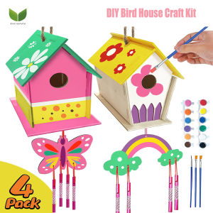 4 Pack DIY Bird House Wind Chime Kit Crafts for Kids Ages 4-8-Build and Paint Birdhouses Wooden Arts Kits Easter Basket Stuffers Gifts for Girls Kids Boys Toddlers