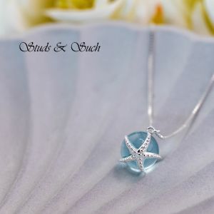 [Studs & Such] 925 Silver Necklace With Starfish Over Glass Ball Pendant