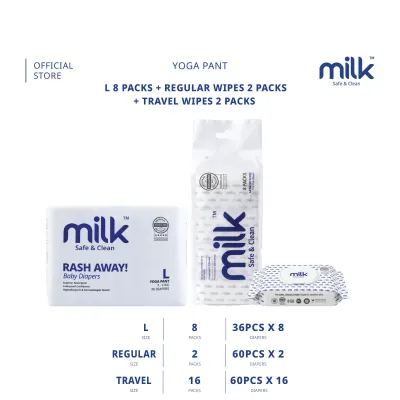 MILK Baby Diaper Yoga Pants - M/L/XL/XXL (8 Packs) + MILK Water Wipes Regular Pack (2 Packs) & Travel Pack (2 Packs)