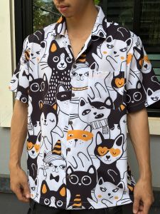 เสื้อเชิ้ตฮาวาย วินเทจ ผ้าไหมอิตาลี ลายแมว F50