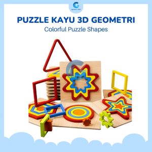 Puzzle 3D Geometri Mainan Kayu Fullcolor Belajar Macam Bentuk
