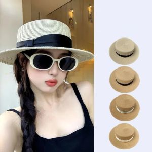 ARTMU Breathable Straw Woven Hat Elegant French Style Womens Sun Hat Fashion Wide Brim Beach Flat Top Hat Ladies